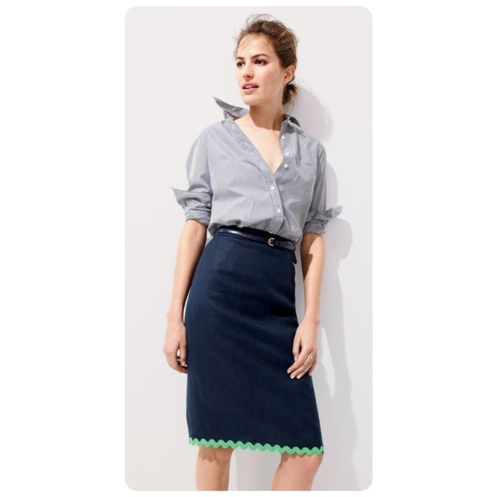 J. Crew Navy Pencil Skirt with Green Scallop Hem